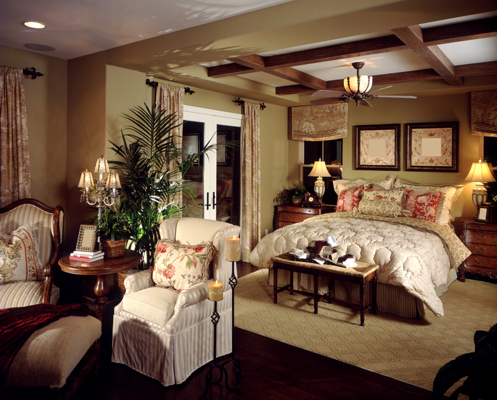 Feminine master bedroom design with floral billows and art - Interior ...