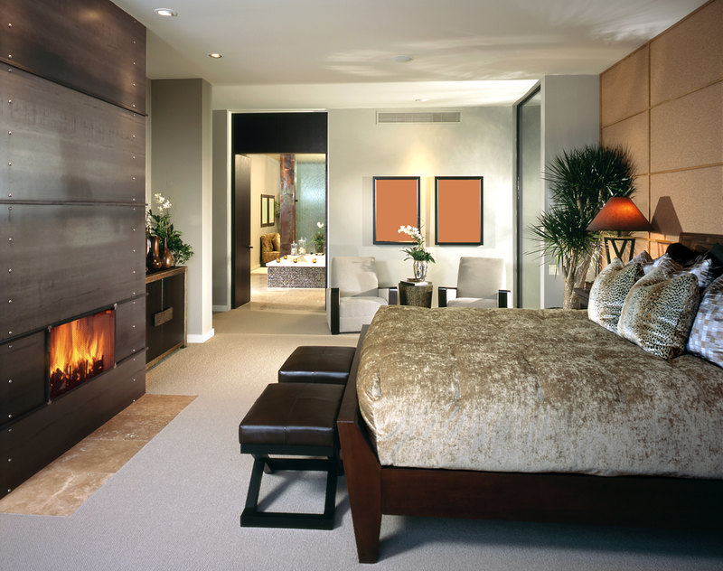 Modern bedroom design in grey and, white and various shades of brown