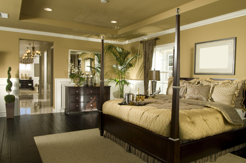 Spacious brown and white bedroom