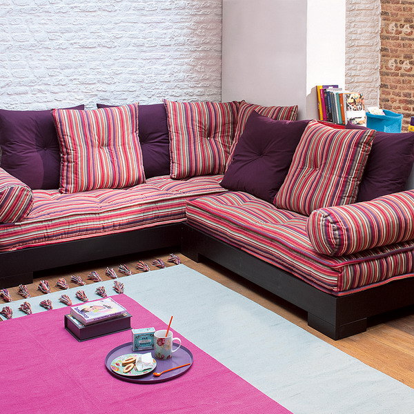 purple-pink striped sofa upholstery fabric and cushions