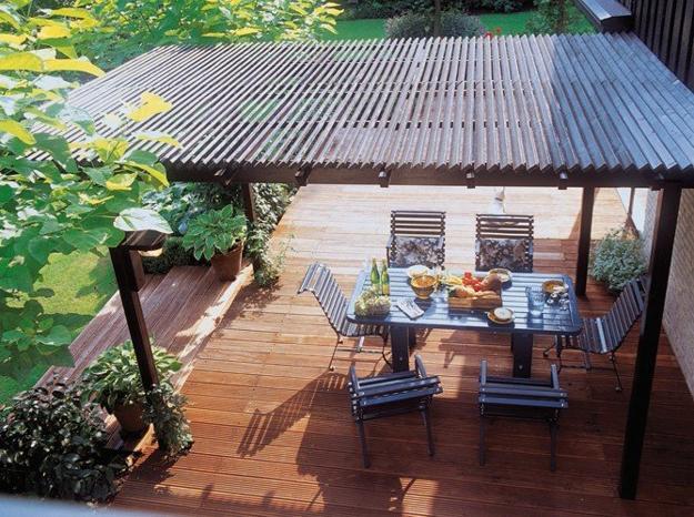 Long-term solution for sunshade, beautiful wooden structure and stone patio ideas