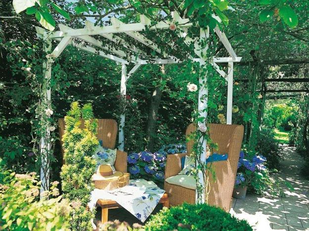 Long-term solution for sunshade, beautiful wooden structure and stone patio ideas