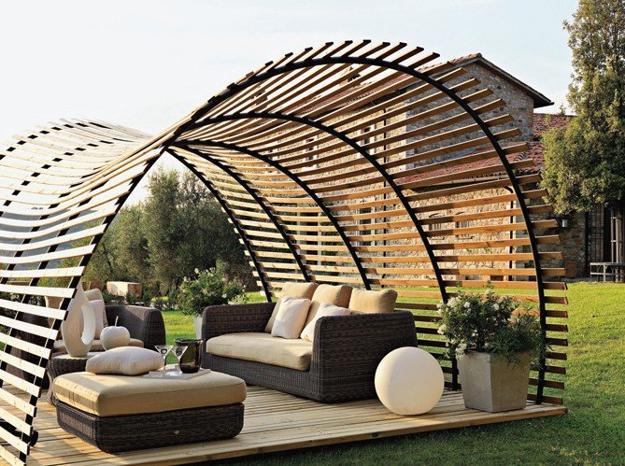 Long-term solution for sunshade, beautiful wooden structure and stone patio ideas