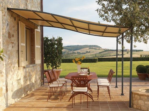 Long-term solution for sunshade, beautiful wooden structure and stone patio ideas