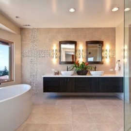 Elegant-modern-master-bathroom-with-warm-colors-and-floating-cabinet