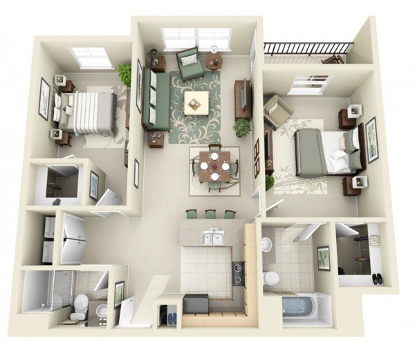 seating for four, a kitchen island for three, two bedrooms, two bathrooms, and plenty of closet spac