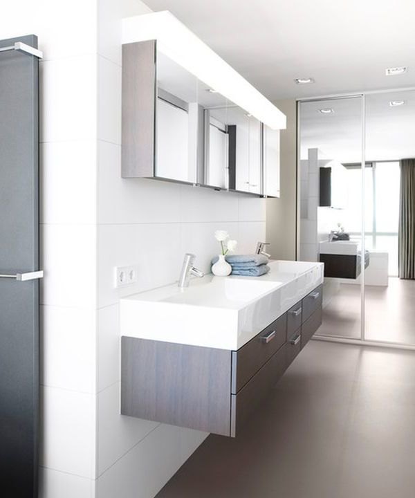 Modern bathroom with floating double sink design in white and gray