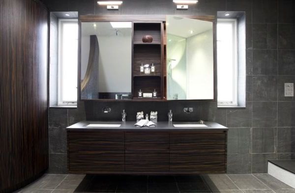 Luxury floating bathroom vanity stunningly lit by LED Lights