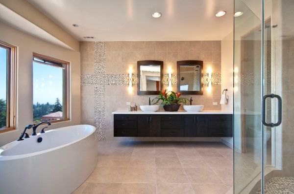 Elegant modern master bathroom with warm colors and floating cabinet