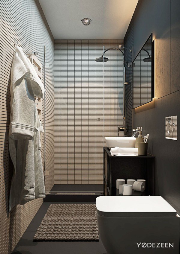 Low-profile horizontal tiles in bathroom