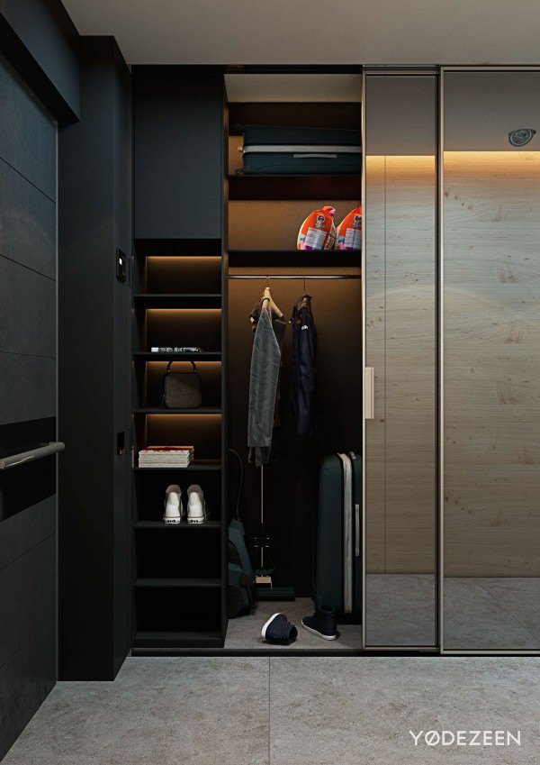 sliding mirrors hide a convenient coat closet