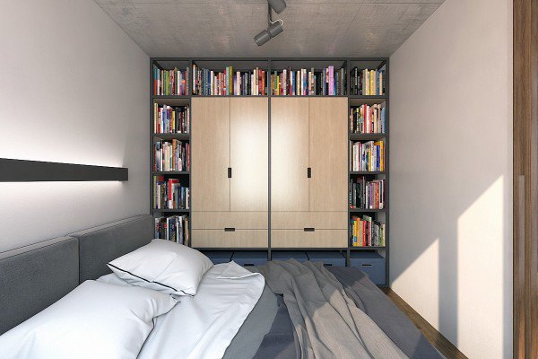 wardrobe and bookshelve in bedroom