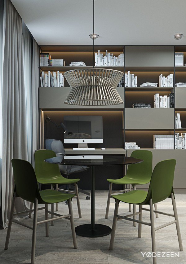 Distinctive green chairs give in the dining area