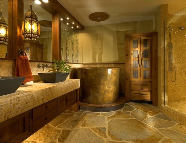 bathroom decor ideas japanese soaking tub natural stone flooring