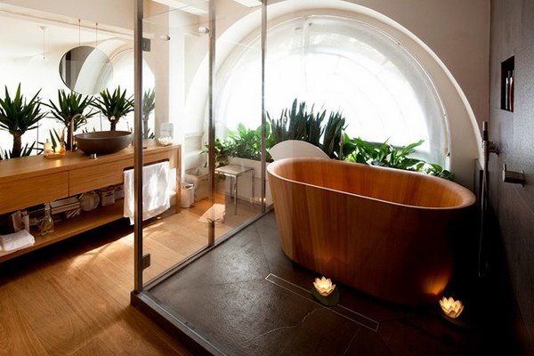 Japanese style bathroom design soaking tub natural materials