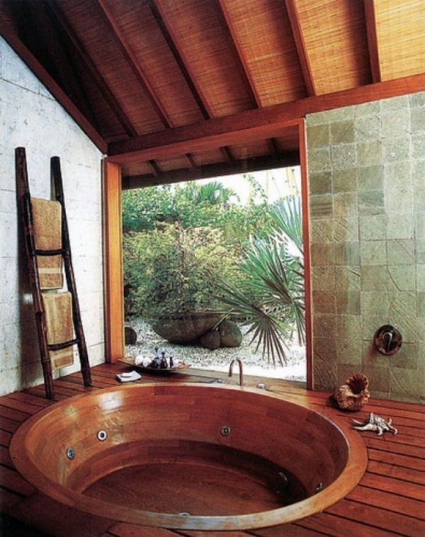 Japanese bathroom design soaking tub wooden deck ladder shelf