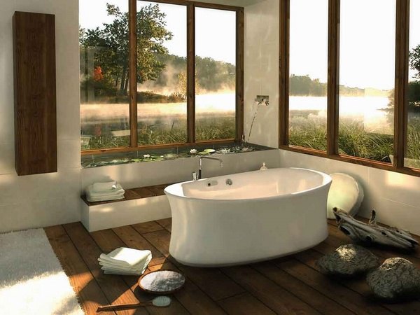 modern Japanese style bathroom design natural decor wood rocks