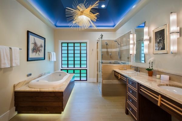 Lighting steals the show in this stunning bath