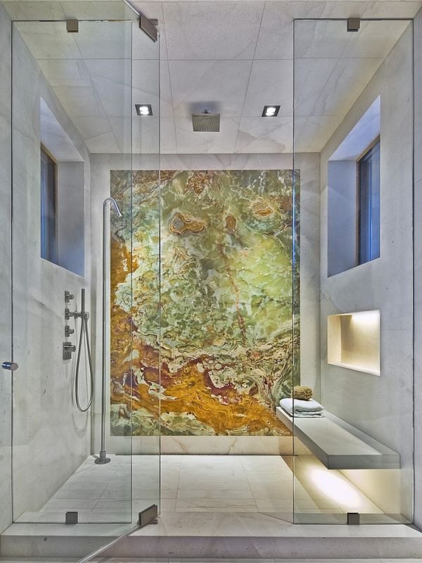 Master Bathroom with floating bench and brilliant backdrop