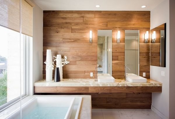 Wood adds natural warmth to the bathroom