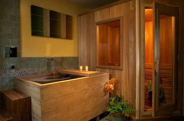 Japanese bathroom with a lavish soaking tub