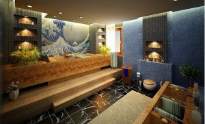 Japanese bathroom wooden materials plants beautiful mosaic bathroom lighting