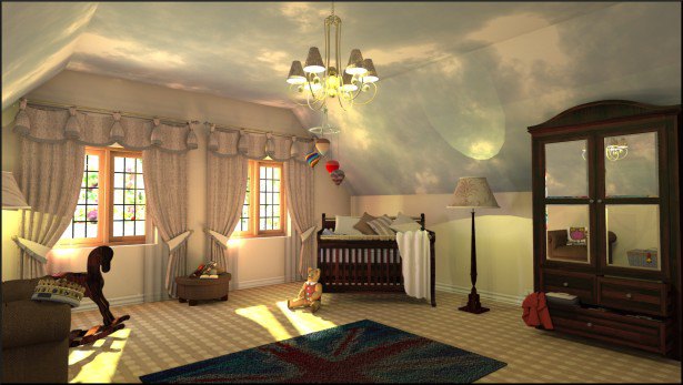 Light Emitting Wallpaper: classic room with clouds light emitting wallpaper and beautiful curtain also wooden cupboard ~ indexms.net Furniture Inspiration
