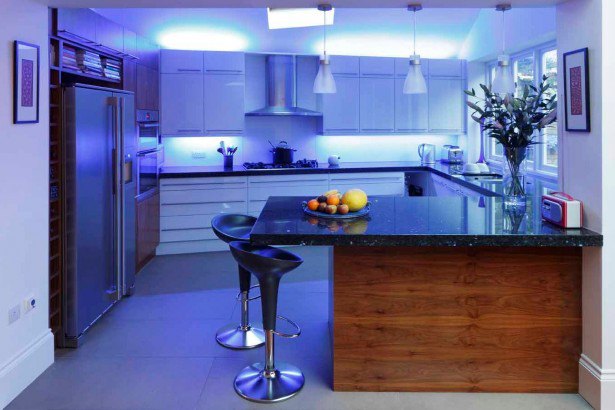 Light Emitting Wallpaper: elegant kitchen with LED lighting and modern bar stool ~ indexms.net Furniture Inspiration