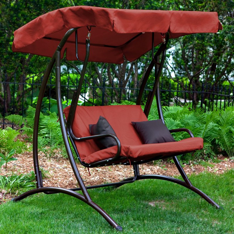 Featuring Red Patio Swing With Canopy On Lawn Grass At Backyard