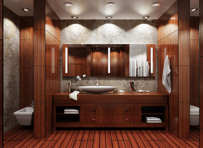 Asian-inspired modern bathroom in mahogony wood Asian-inspired modern bathroom in mahogony wood