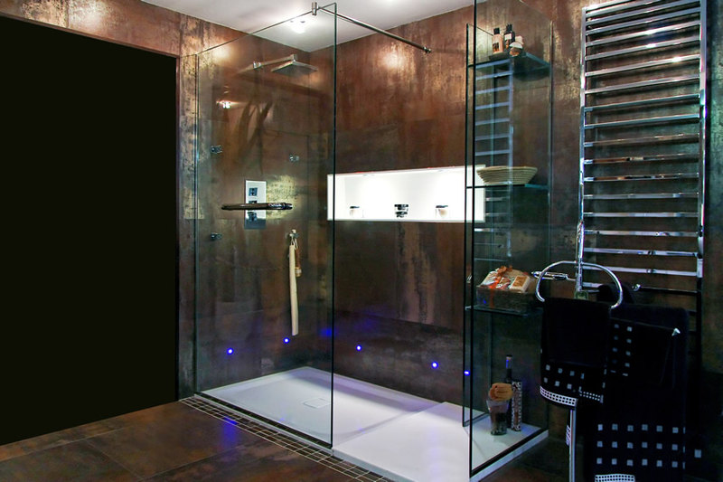 Rustic industrial-inspired bathroom interior with blue neon lighting