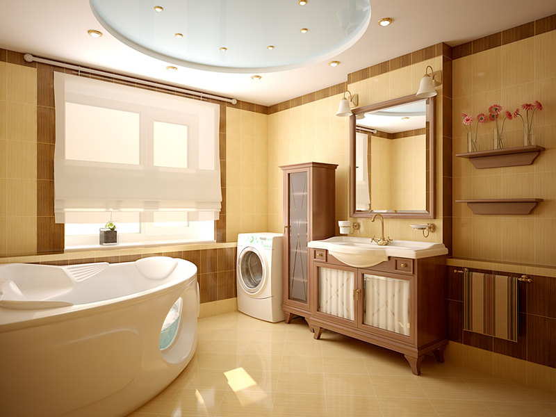 Modern bathroom design uses a combination of high-quality ceramic tiles in light cream and brown