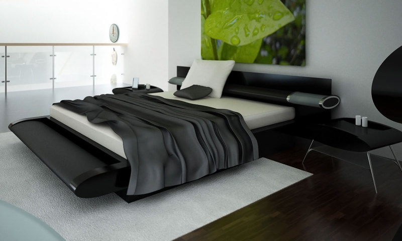 Fabulous Modern Bedroom With Queen Bed On Platform Combined By Bench Completed With Table Of Black Bedroom Furniture And Furnished With White Rug