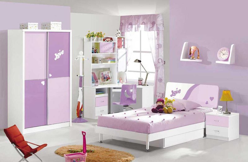 White And Purple Kids Bedroom Sets With Colorful Small Desk. Round Chocolate Fur Rug Also Modern Arm Chair Furniture, Kid Sets Plus Table Lamp