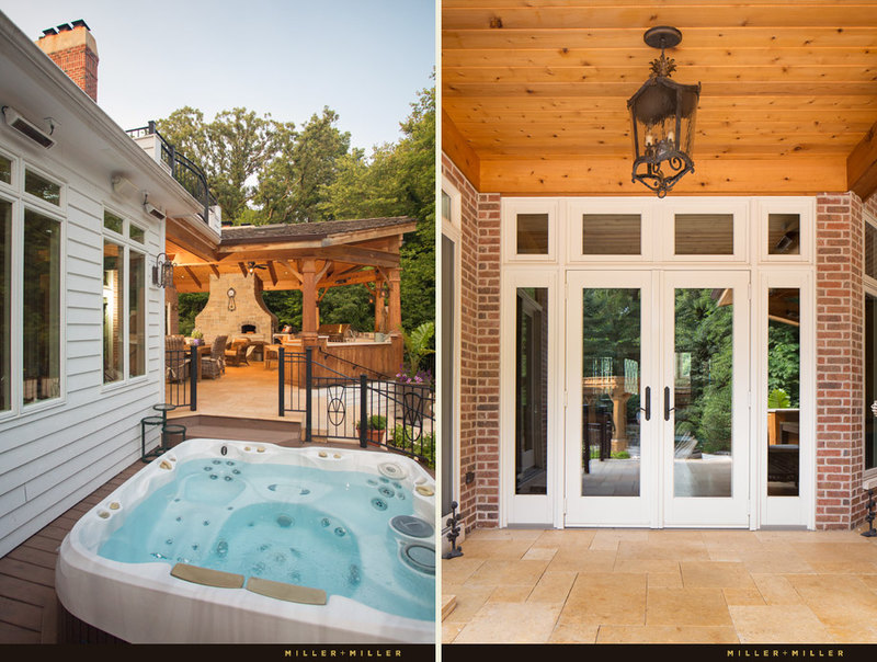 outdoor fireplace hot tub covered patio terrace