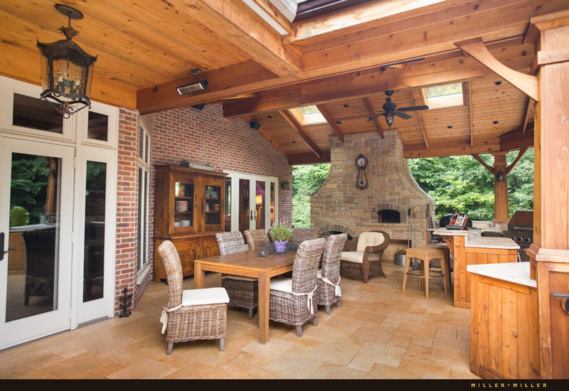 cedar outdoor wood burning fireplace room