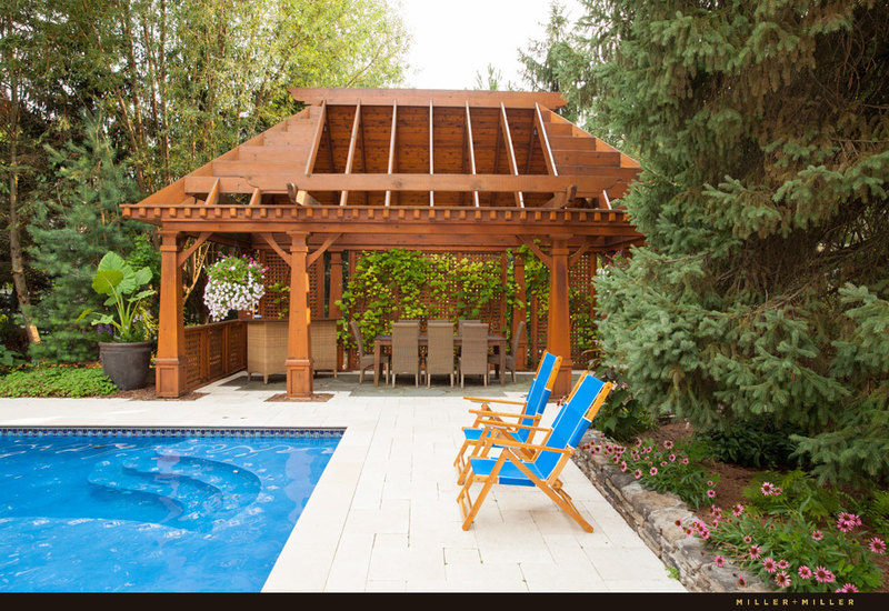 cedar pergola sun deck pool marble patio