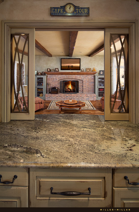 distressed French European kitchen pass through family room