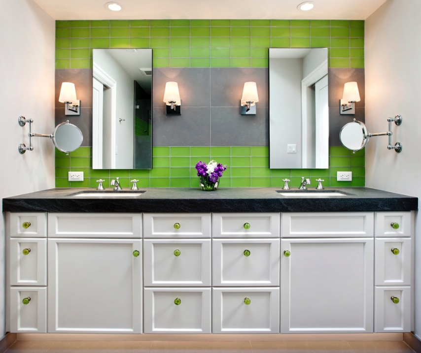 modwern bathroom green tile hardware