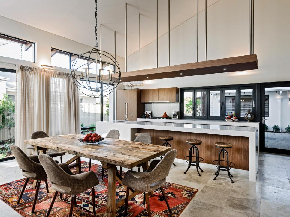 Original open-concept kitchen and dining room with lighting