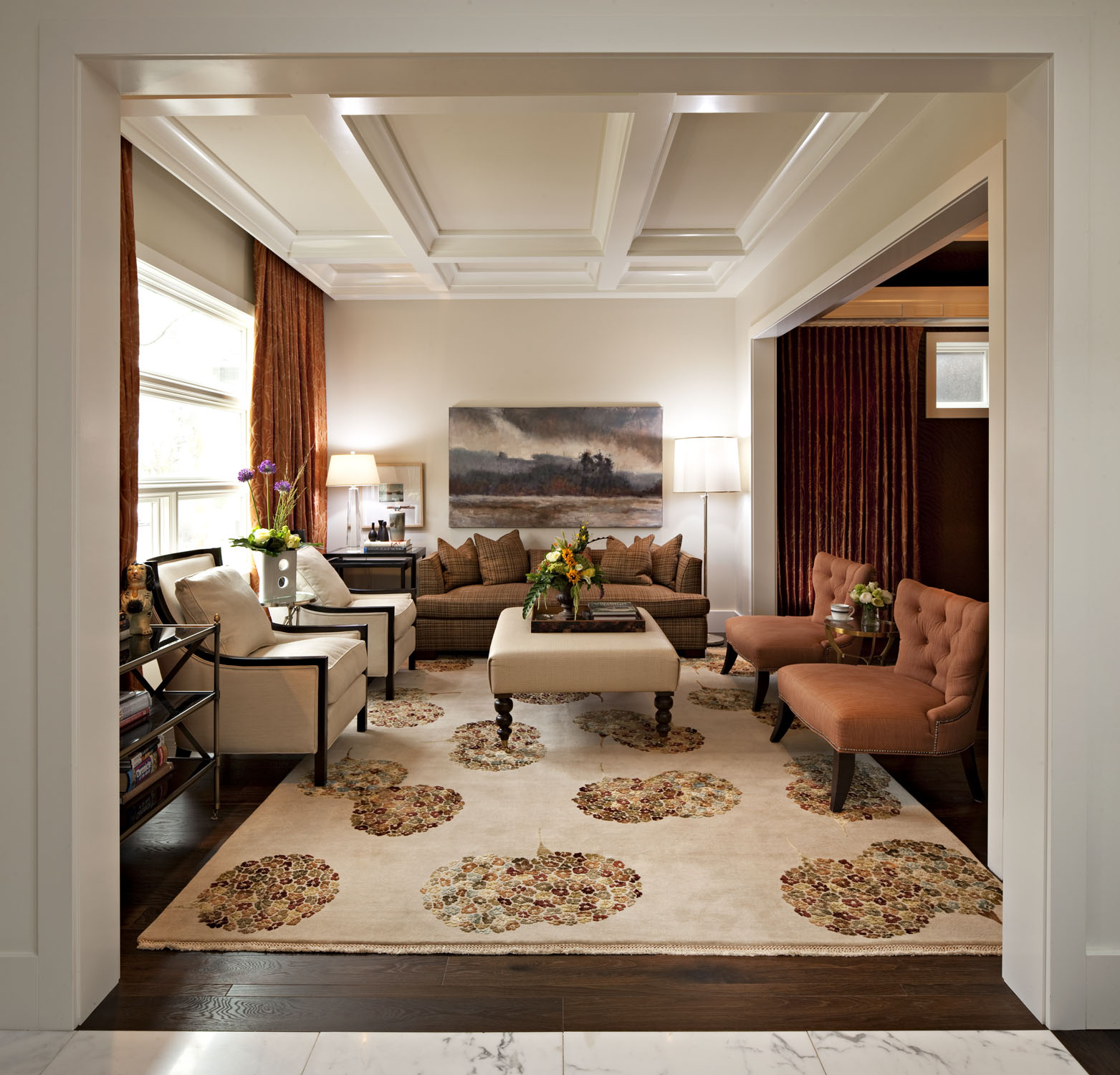 Luxury spanish syle living room with two brown chair and white rug