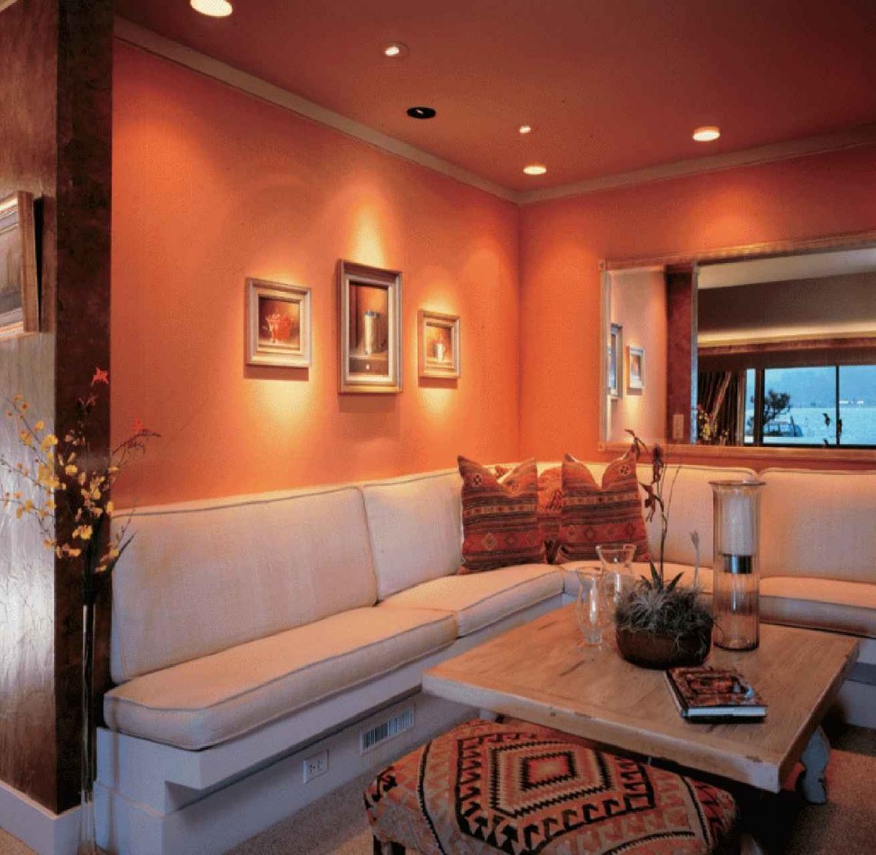 Cheerful spanish style of living room decorating in peach color inspiration