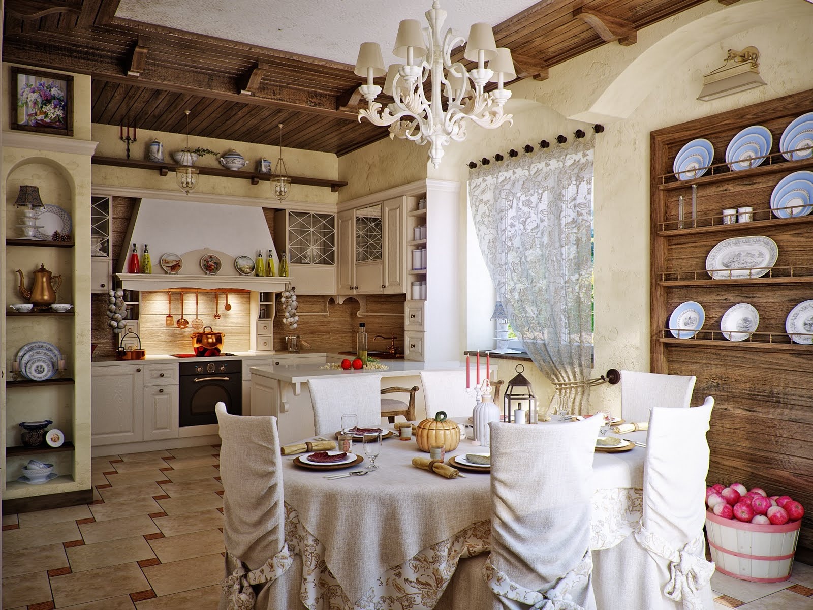 Interior of spanish style kitchen design with dinning table set