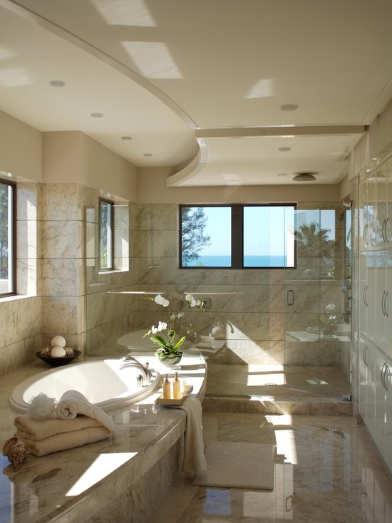 Fabulous Bathroom Design with Marble Tile Flooring and Backsplash Ideas with Glass Shower Door at Beach House Naples