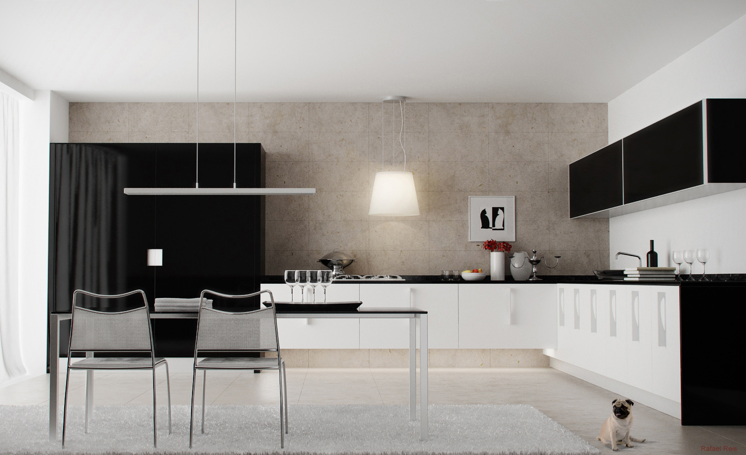 minimalist kitchen design with dining table and black white color themes decor