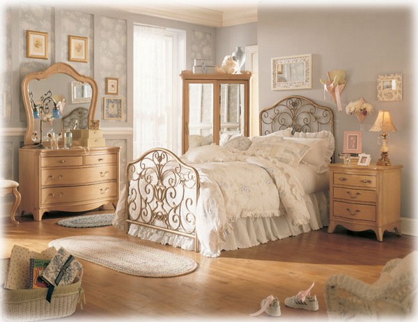 vintage princess bed with wooden furniture and gray textured wallpaper