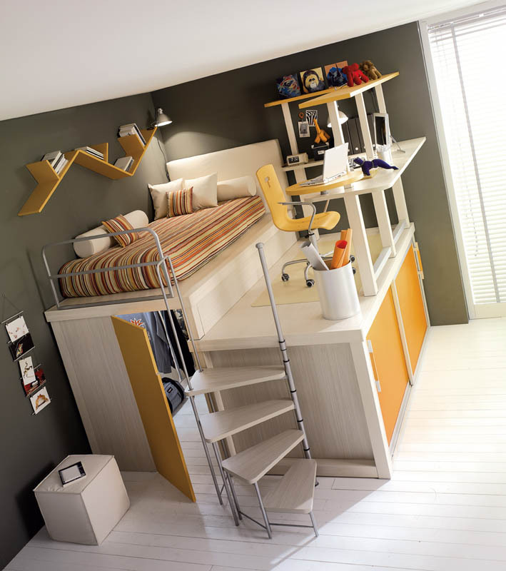 efficient space saving furniture for kids rooms tumidei spa (9) elevated bed with desk area, closet and storage space below
