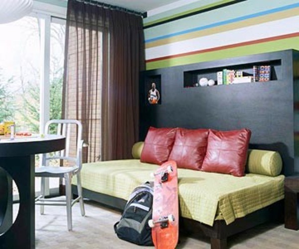 Wall behind the headboard bed table colorful