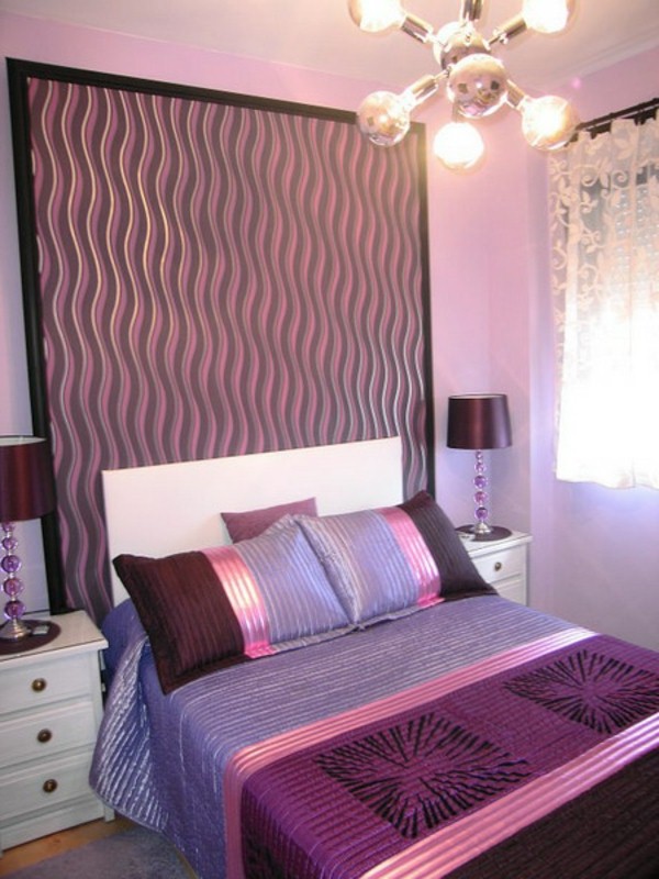 Bedside wall behind bed headboard bed purple lamp
