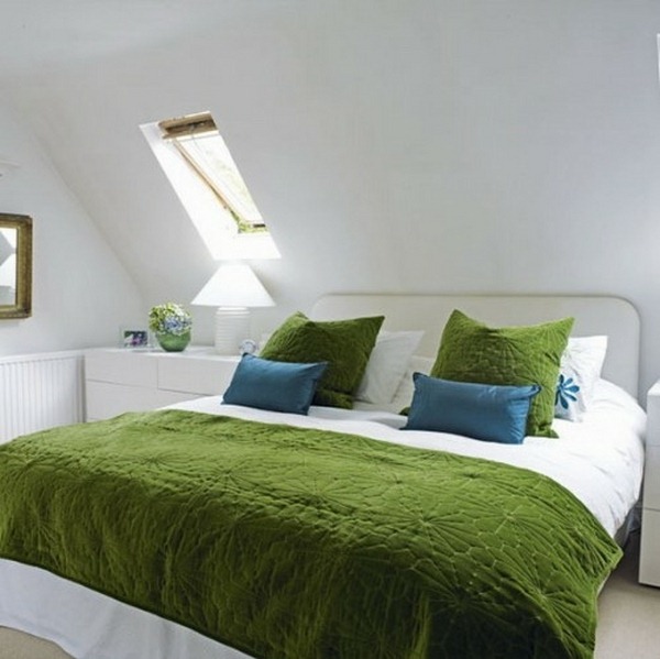 bedrooms in the attic skylights bedded green blue white wall